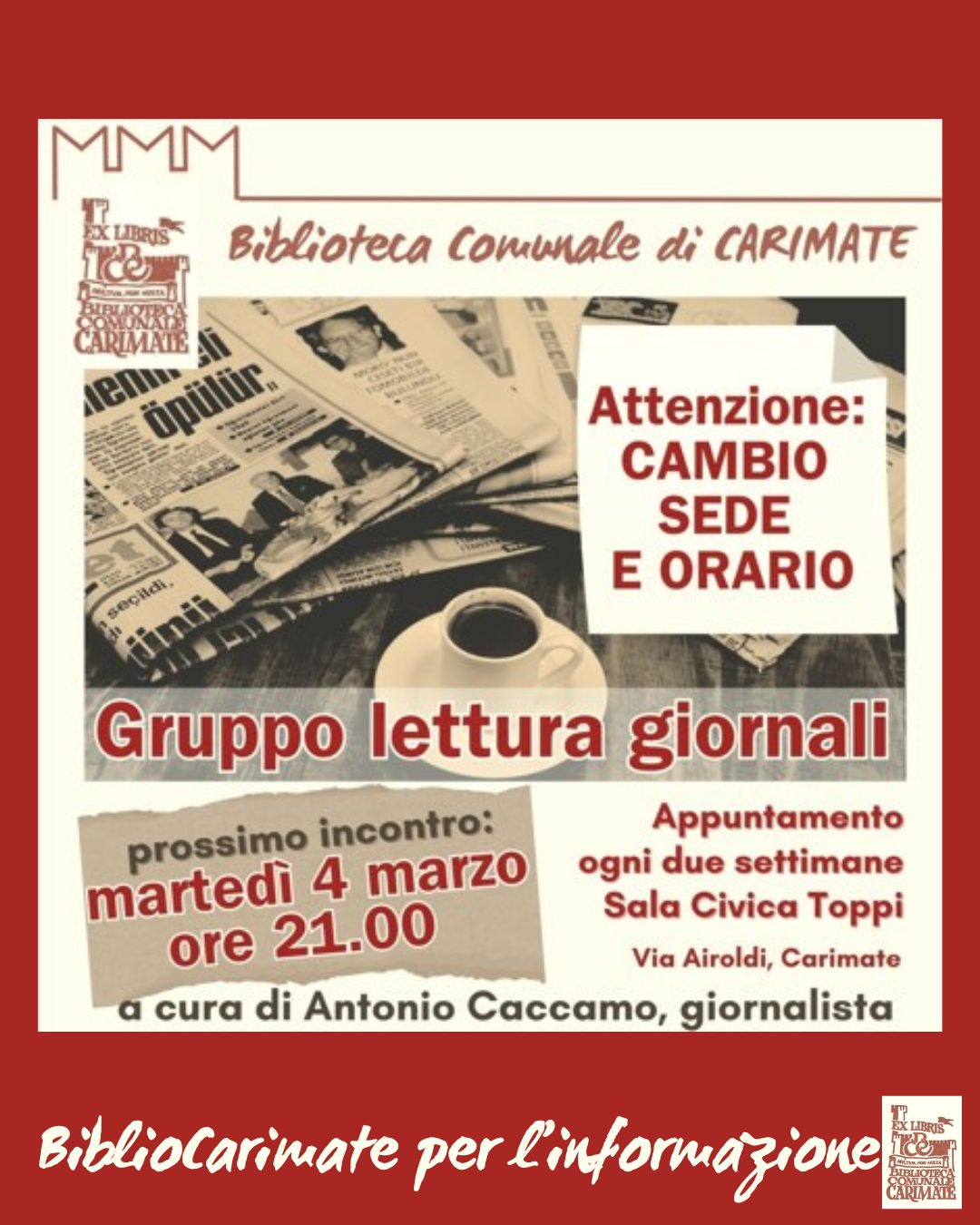 Gruppo lettura giornali: cambio sede e orari